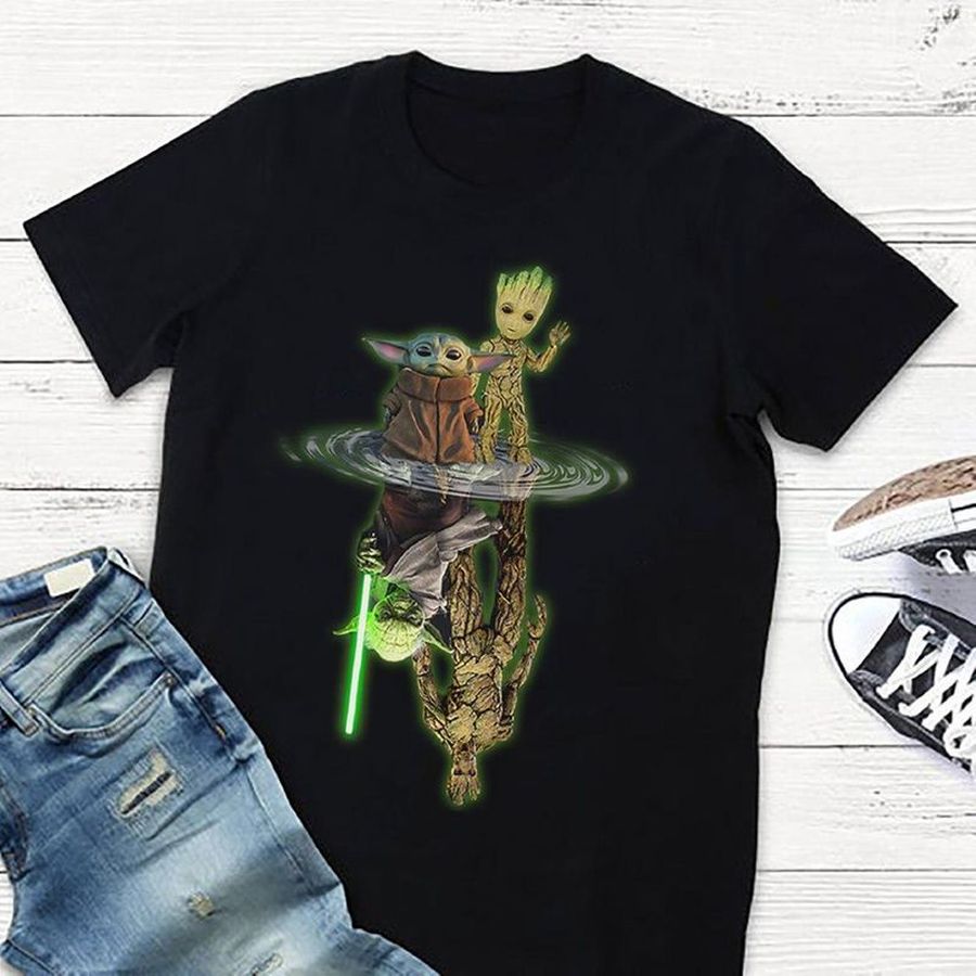 Baby Groot And Baby Yoda Water Mirror Reflection T Shirt Black K9n2l Size S Up To 5XL
