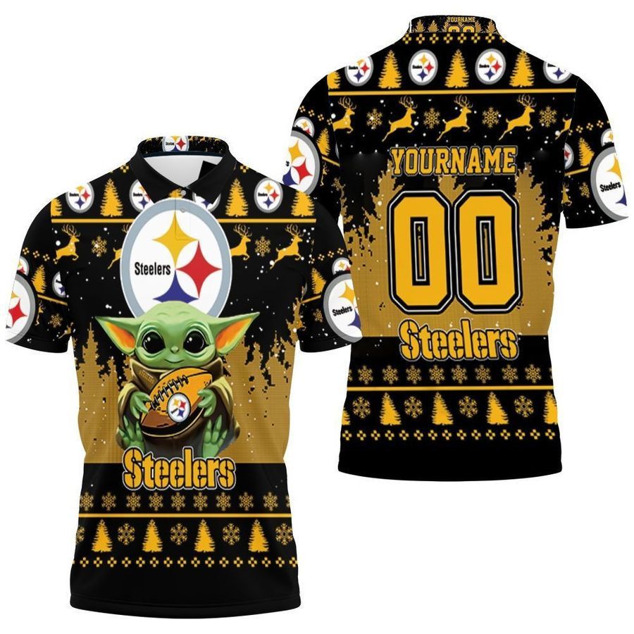 Baby Yoda Hugs Pittsburgh Steelers Ugly Sweater 3d Personalized Polo