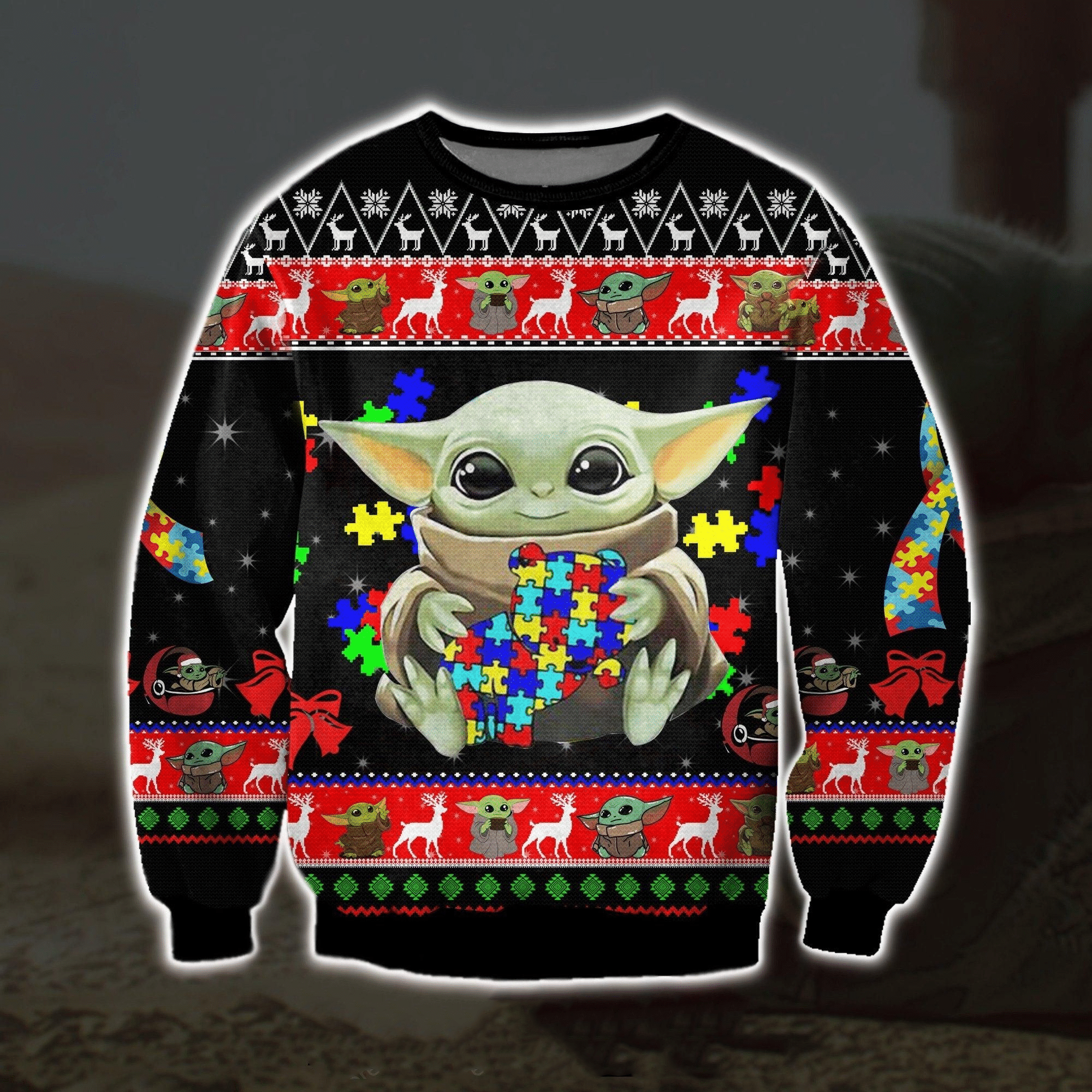 Baby Yoda With Puzzles Autism Ugly Sweater Gifts, Baby Yoda Gift Fan Ugly Sweater.png