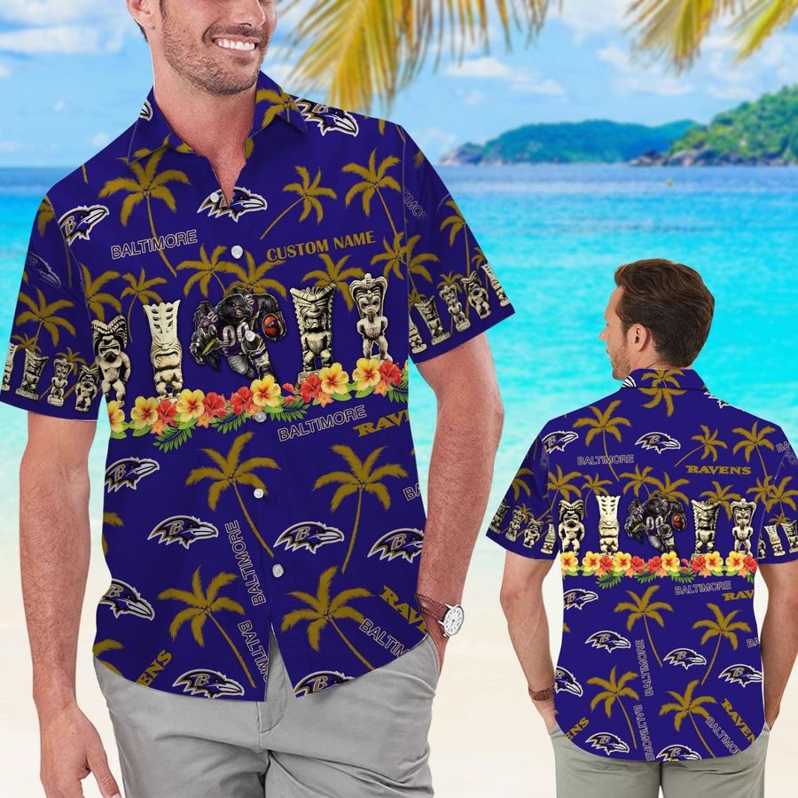 Baltimore Ravens Custom Name Short Sleeve Button Up Tropical Aloha Hawaiian Shirts For Men Women