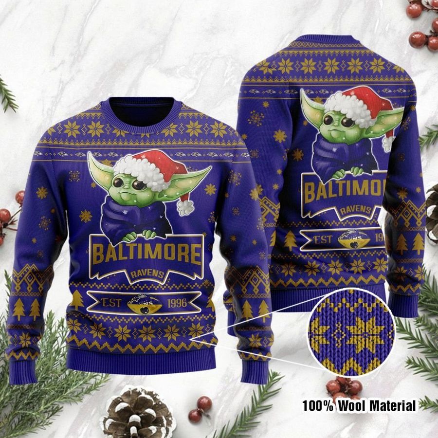 Baltimore Ravens Cute Baby Yoda Grogu Holiday Party Ugly Christmas Sweater, Ugly Sweater, Christmas Sweaters, Hoodie, Sweatshirt, Sweater