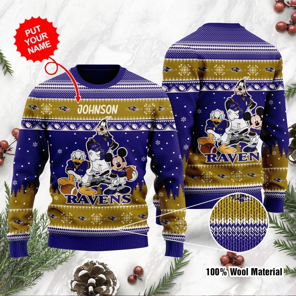 Baltimore Ravens Disney Donald Duck Mickey Mouse Goofy Personalized Ugly Christmas Sweater, Christmas Sweaters, Hoodie, Sweatshirt, Sweater
