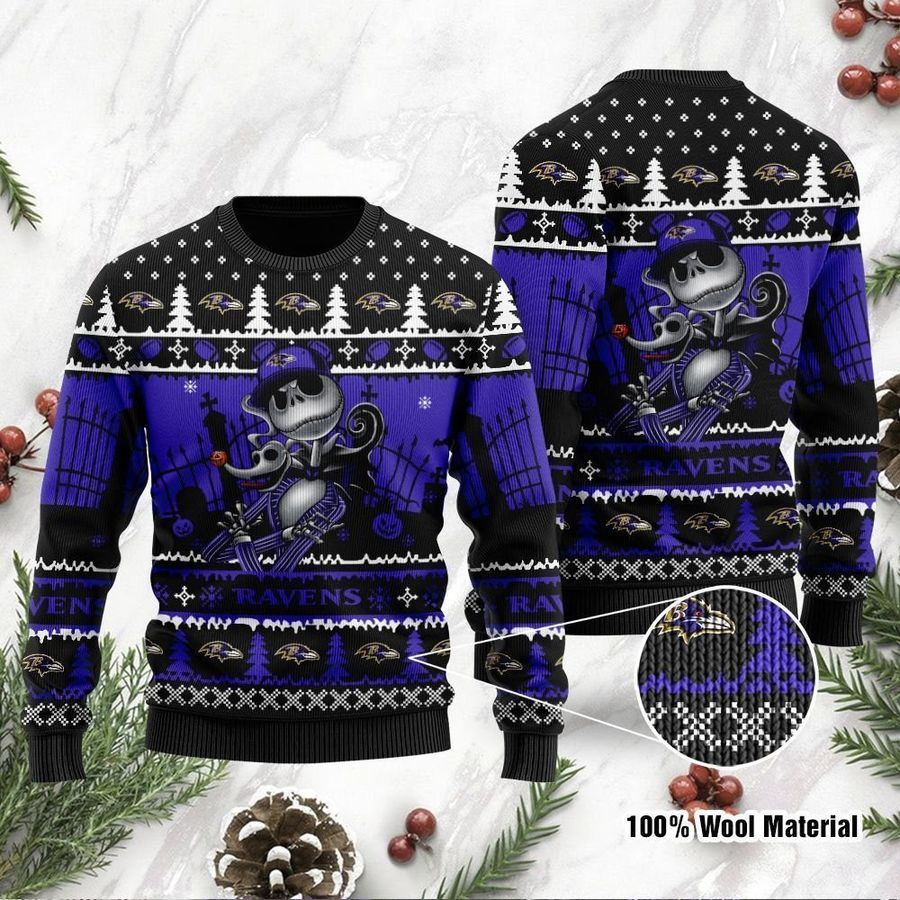 Baltimore Ravens Jack Skellington Halloween Ugly Christmas Sweater Ugly Sweater