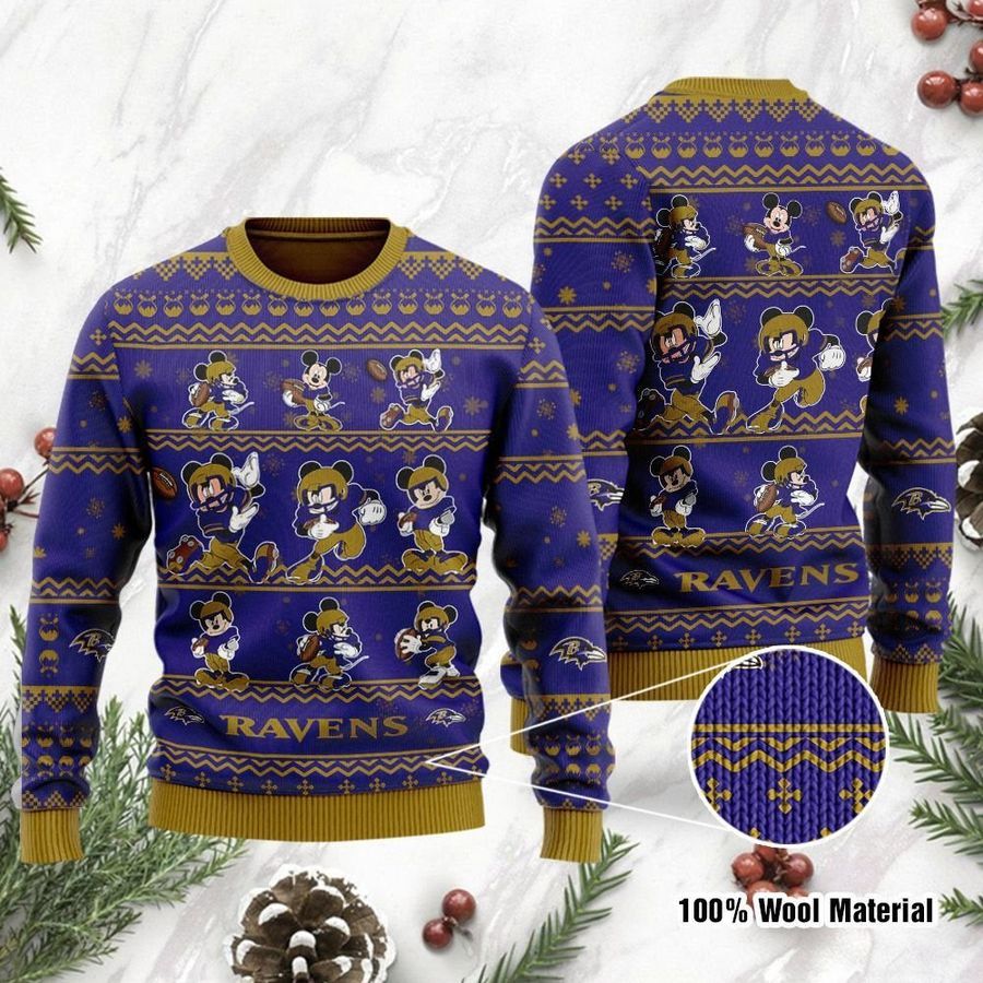 Baltimore Ravens Mickey Mouse Holiday Party Ugly Christmas Sweater Ugly