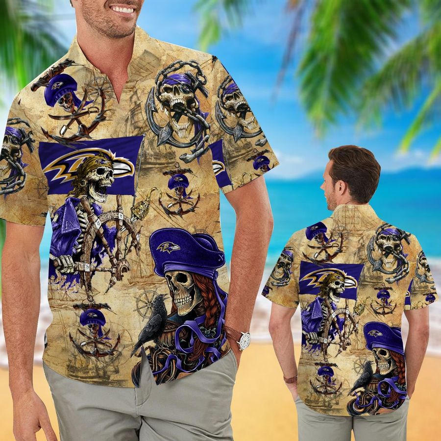 Baltimore Ravens Pirates Aloha Hawaiian Button Up Shirt Retro Vintage Style Full Size For Sale