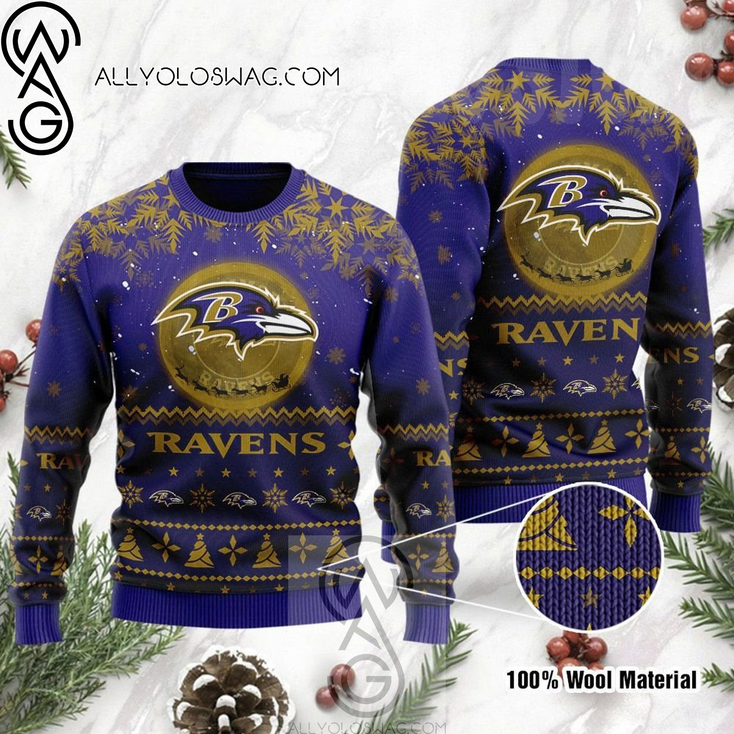 Baltimore Ravens Santa Claus In The Moon Holiday Party Ugly Christmas Sweater
