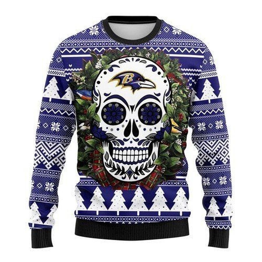 Baltimore Ravens Skull Flower For Unisex Ugly Christmas Sweater All