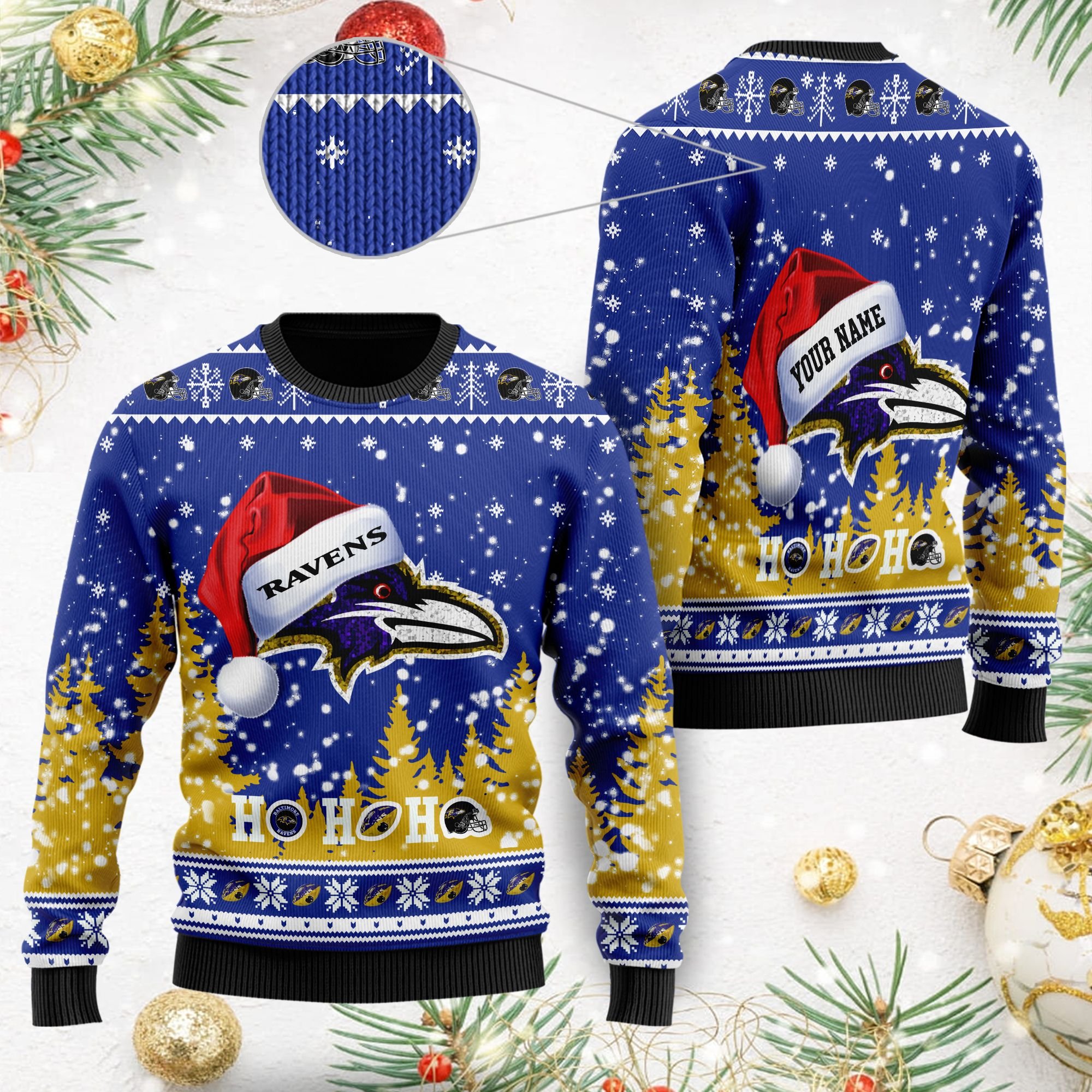 Baltimore Ravens Symbol Wearing Santa Claus Hat Ho Ho Ho Custom Personalized Ugly Christmas Sweater, Christmas Sweaters, Hoodie, Sweatshirt, Sweater