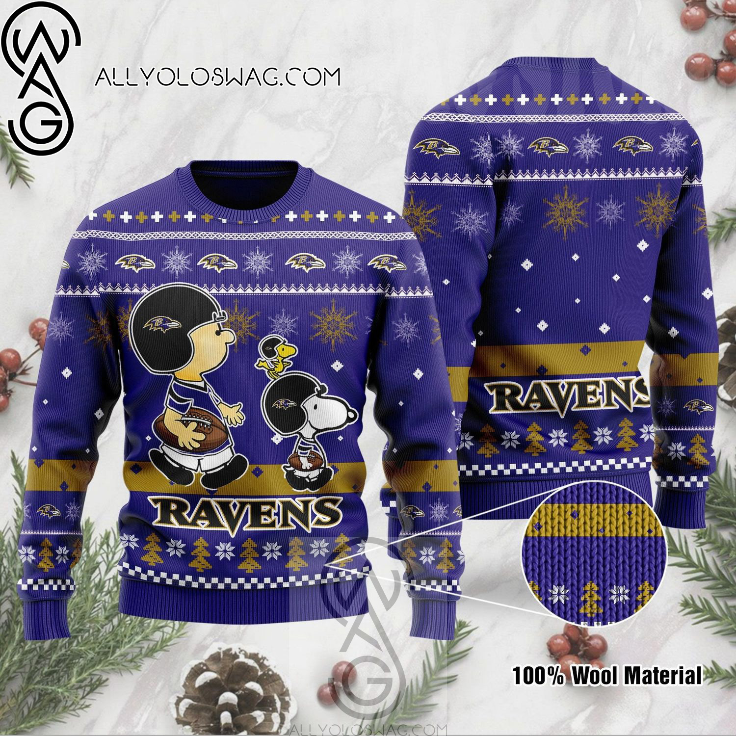 Baltimore Ravens The Peanuts Charlie Brown And Snoopy Holiday Party Ugly Christmas Sweater