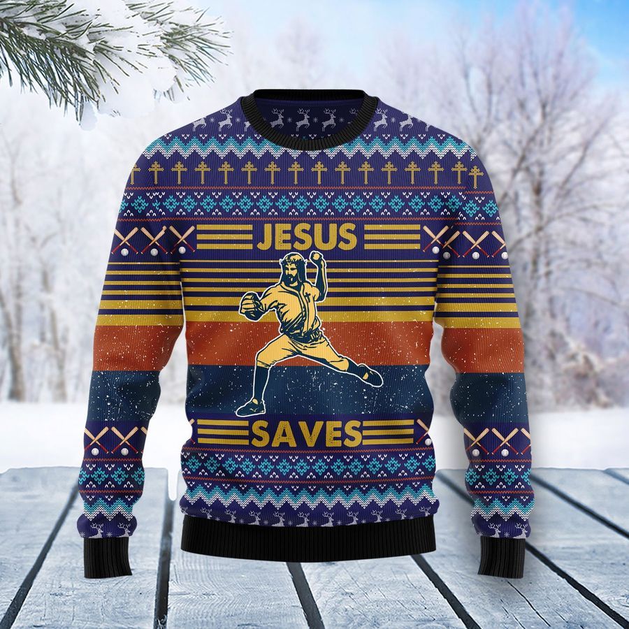 Baseball Jesus Save T1811 Ugly Christmas Sweater unisex womens