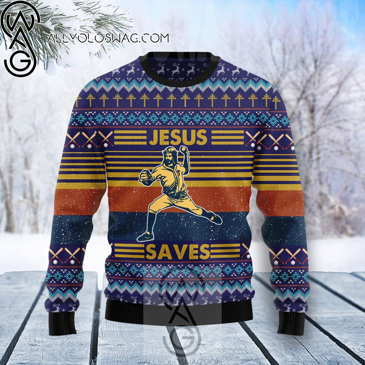 Baseball Jesus Saves Holiday Party Ugly Christmas Sweater