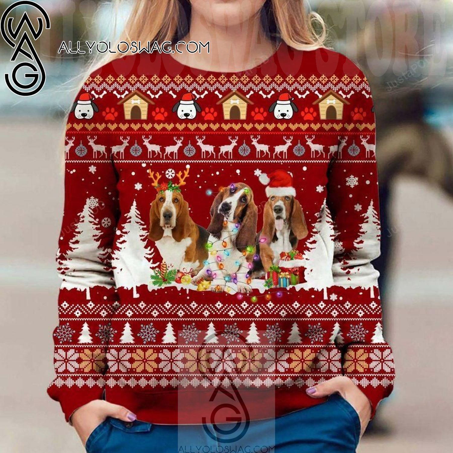 Basset Hound Dog Holiday Party Ugly Christmas Sweater