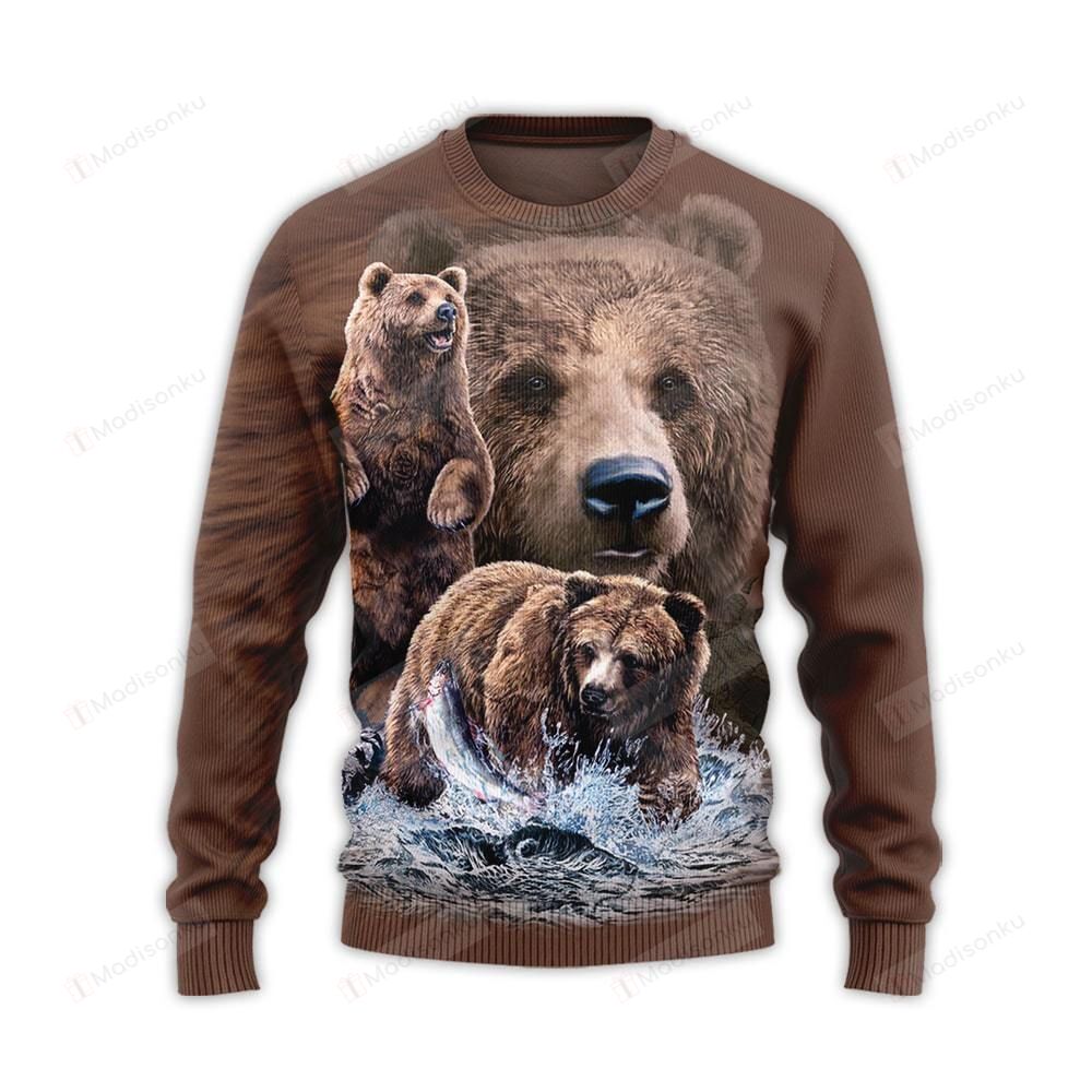 Bear Catches Fish Ugly Christmas Sweater, All Over Print Sweatshirt