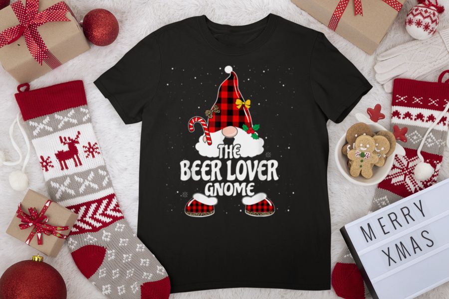 Beer Lover Gnome Buffalo Plaid Matching Family Christmas T Shirt