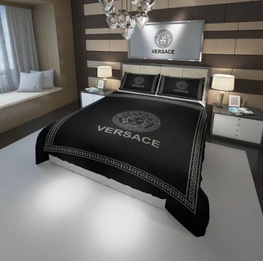 Best Versace White Logo In Black Background Bedding Set