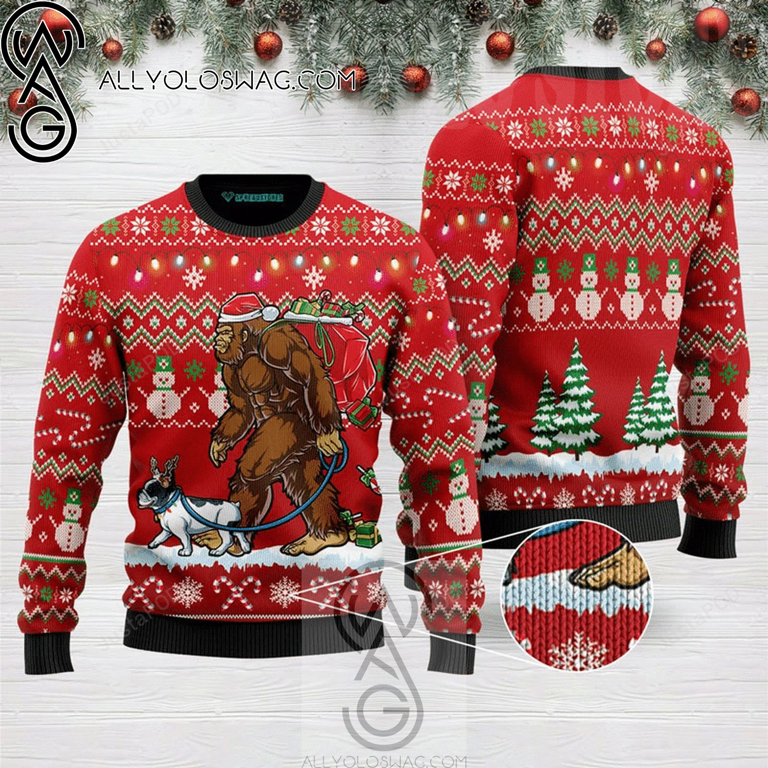 Bigfoot French Bulldog Holiday Party Ugly Christmas Sweater