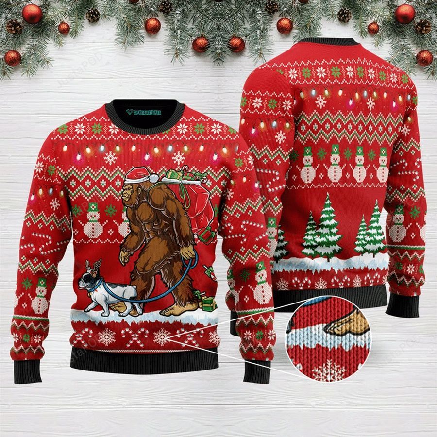 Bigfoot French Bulldog Ugly Christmas Sweater All Over Print Sweatshirt