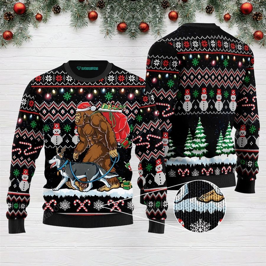 Bigfoot Huskey Ugly Christmas Sweater All Over Print Sweatshirt Ugly