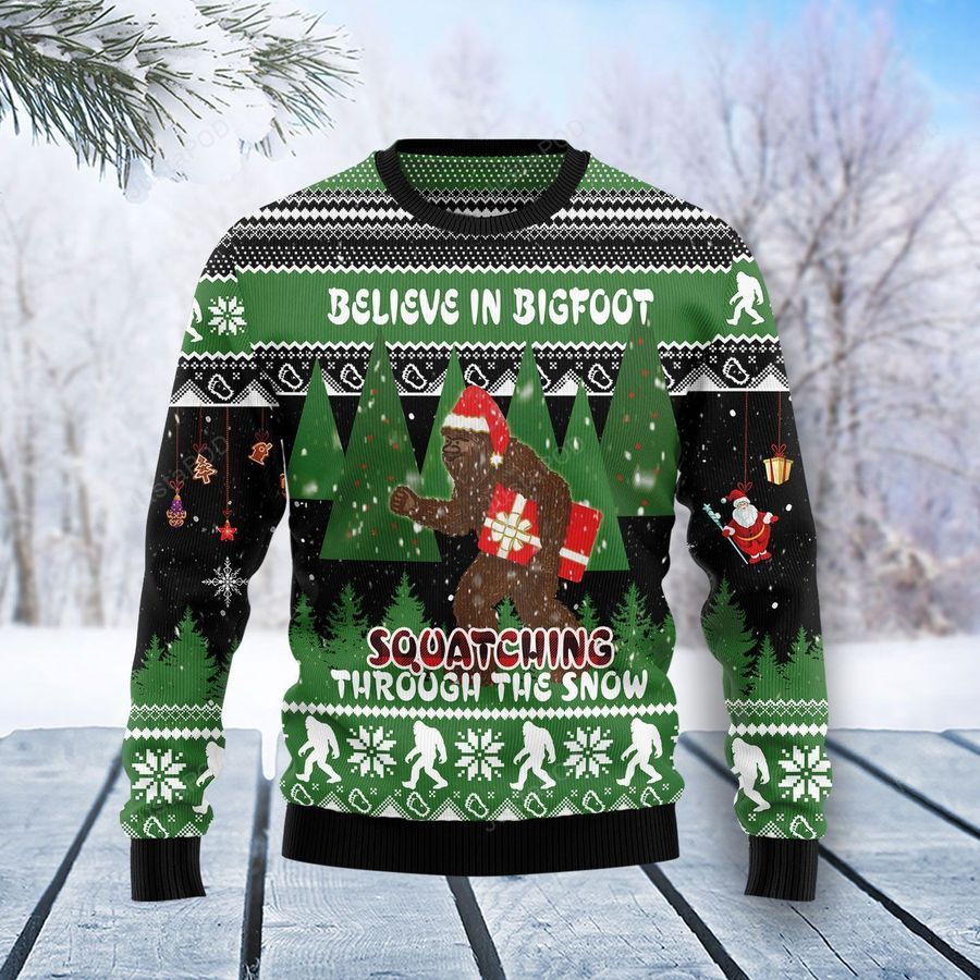 Bigfoot Through Snow Ugly Christmas Sweater Ugly Sweater Christmas Sweaters
