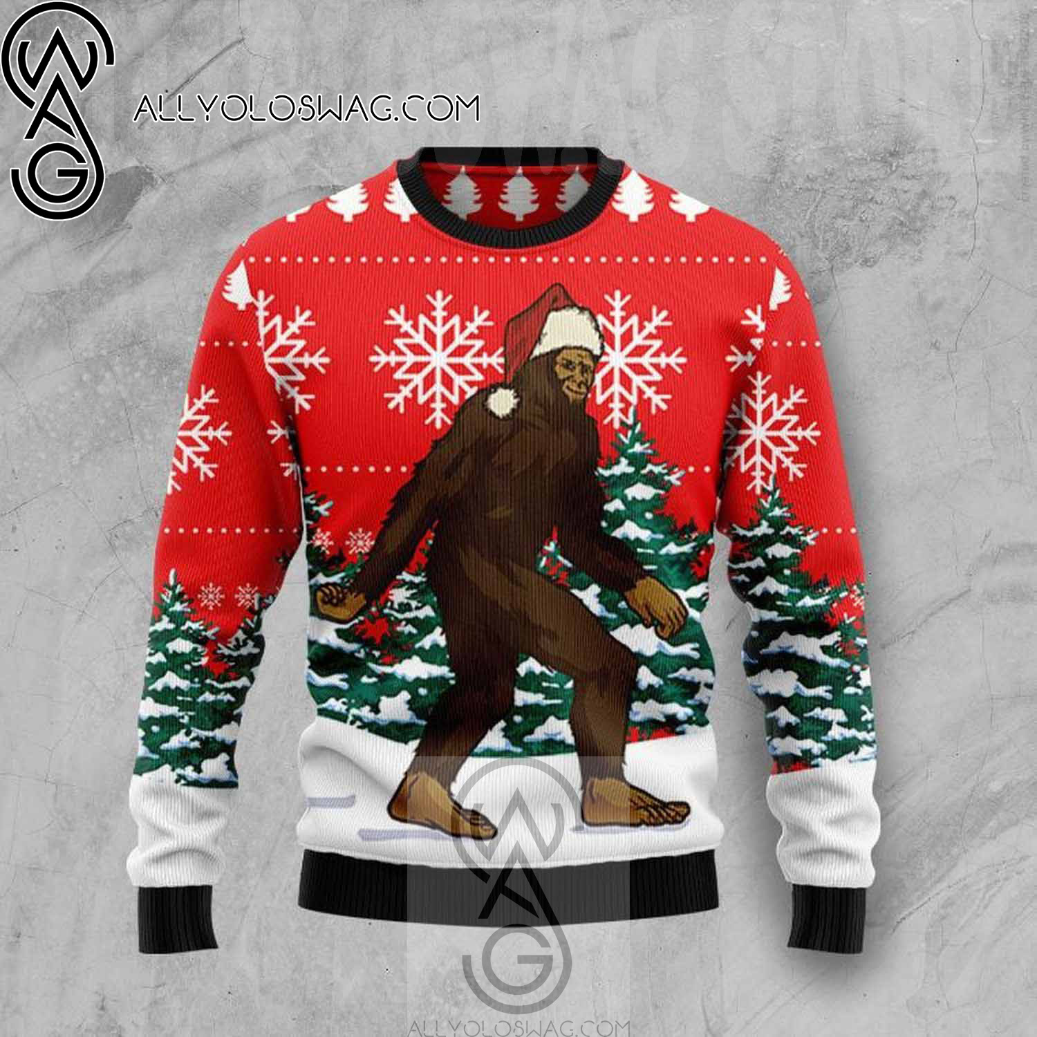Bigfoot With Santa Hat Full Printing Ugly Christmas Sweater