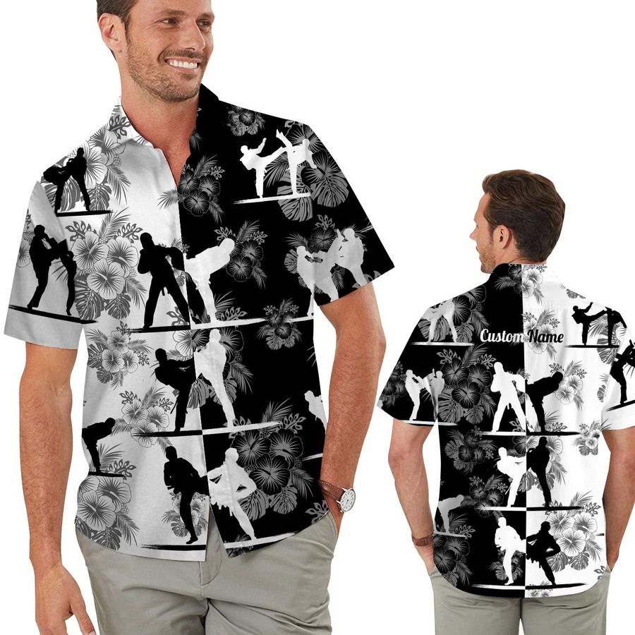 Black And White Taekwondo Tropical Floral Custom Name Personalized Men Aloha Button Up Hawaiian Shirt For Martial Arts Lovers