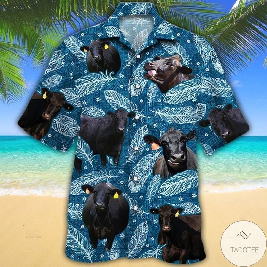 Black Angus Cattle Lovers Blue Feather Hawaiian Shirt