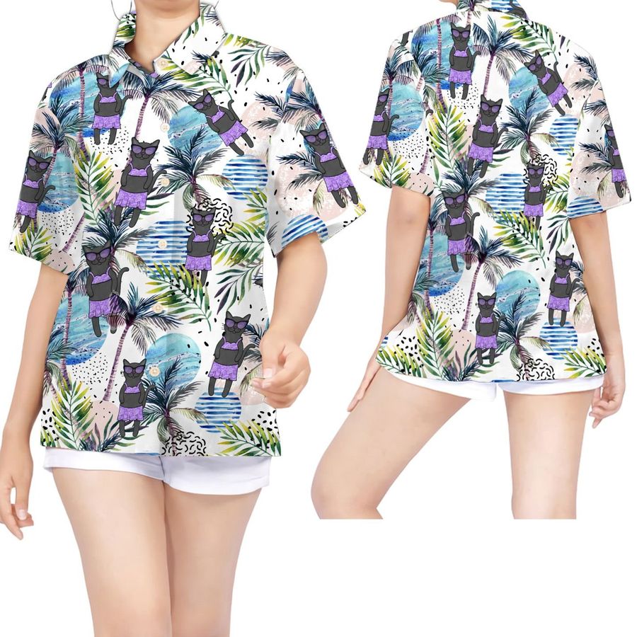 Black Cat And Beach Women Hawaiian Shirt For Pet Lovers In Daily Life