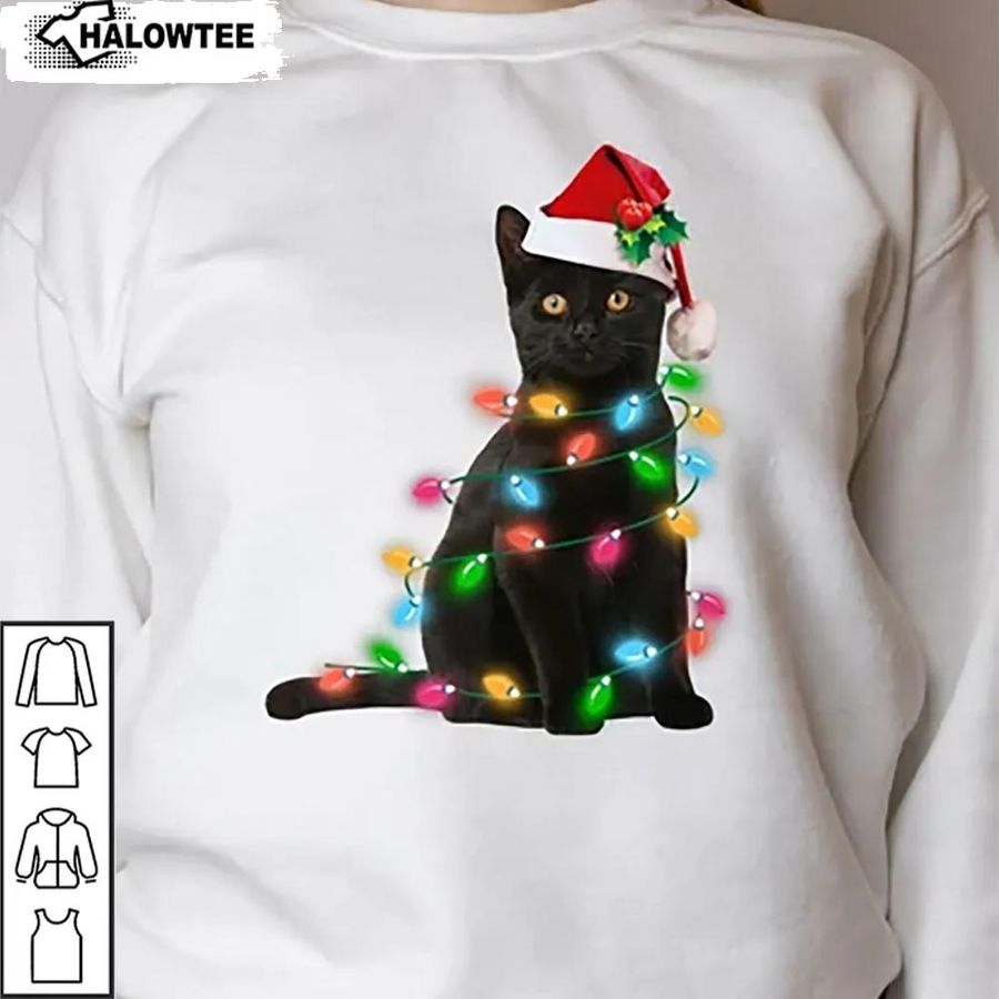 Black Cat Christmas Light Shirt Merry Xmas Unisex Gift