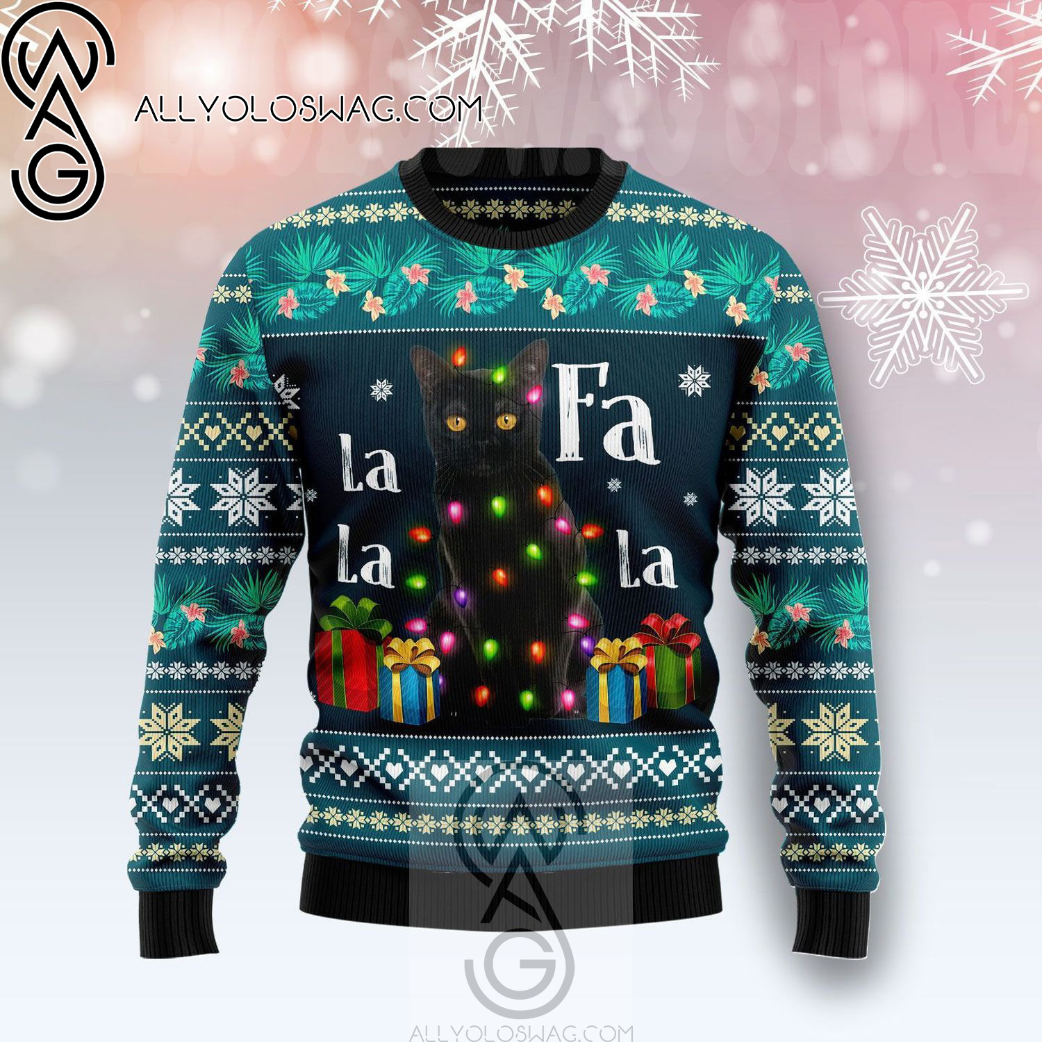 Black Cat Fa La La La Holiday Party Ugly Christmas Sweater