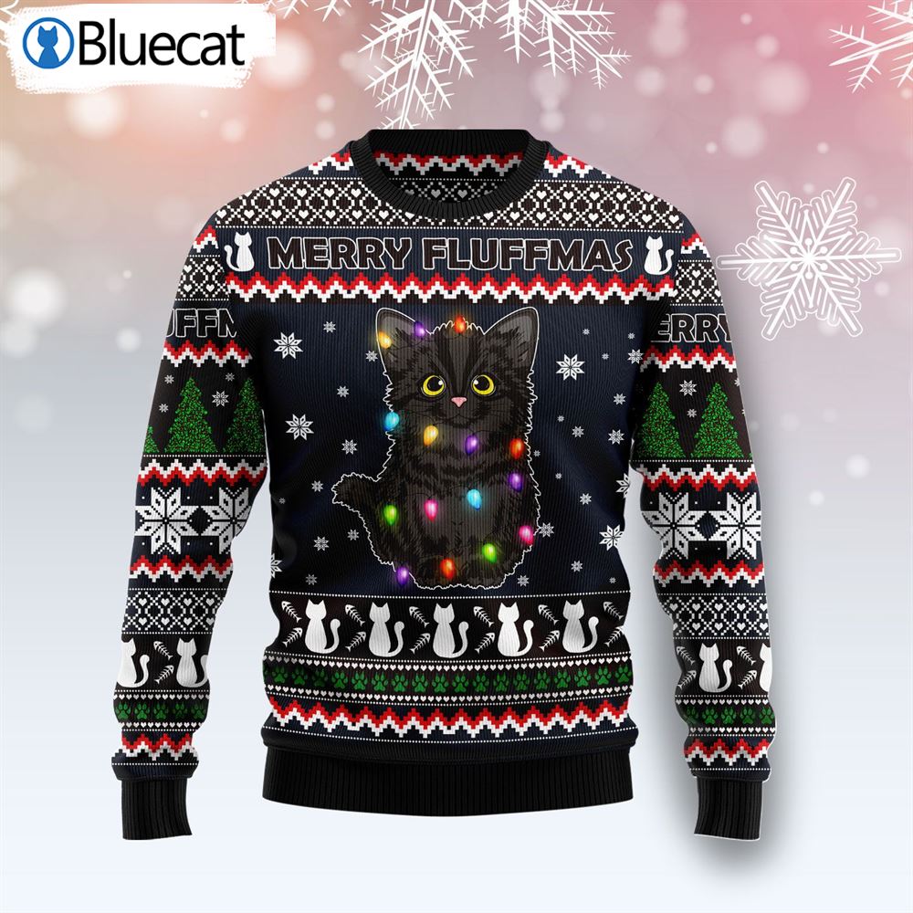 Black Cat Fluffmas Ugly Christmas Sweater