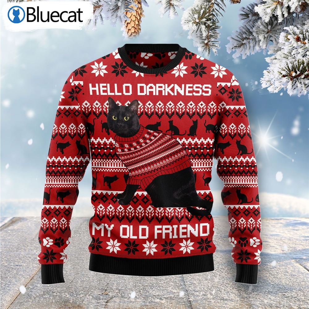 Black Cat Hello Darkness My Old Friend Ugly Christmas Sweater