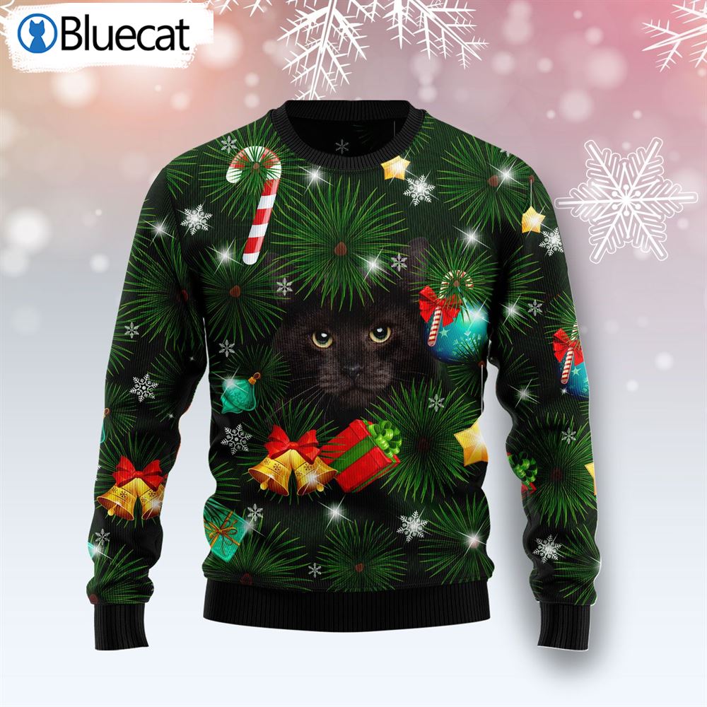 Black Cat Inside Tree Ugly Christmas Sweater