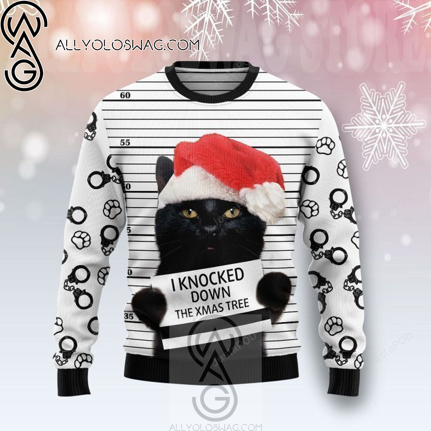 Black Cat Knocked Down Holiday Party Ugly Christmas Sweater