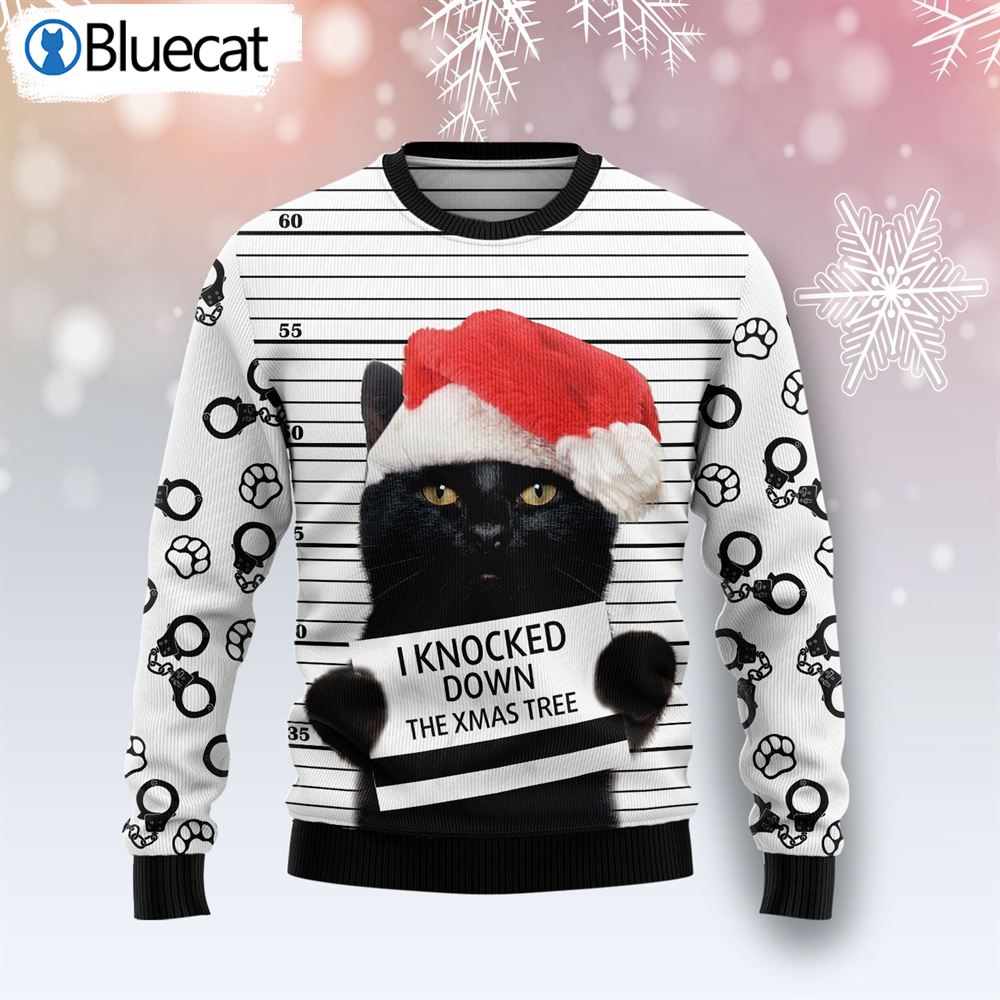 Black Cat Knocked Down Xmas Tree Ugly Christmas Sweater