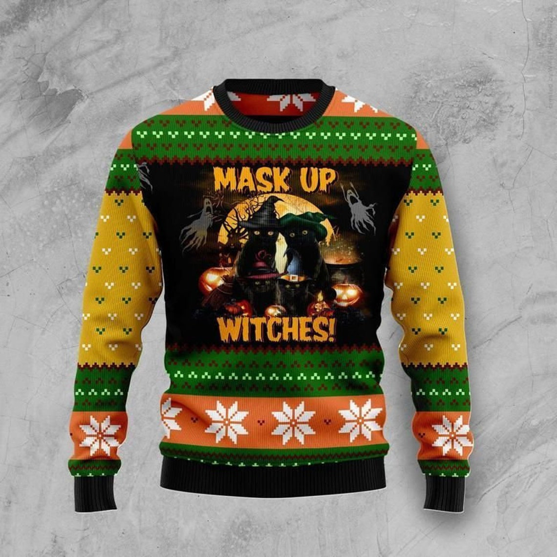 Black Cat Mask up Witches Occasion Christmas Holiday Ugly Sweater