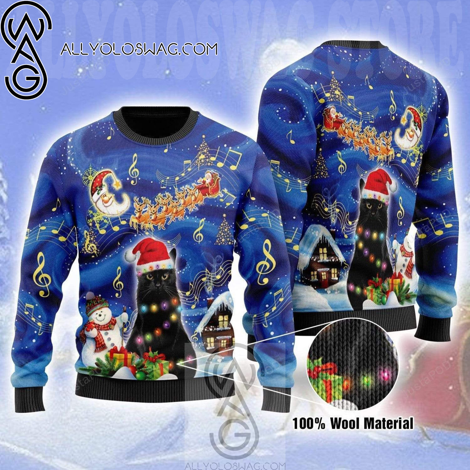 Black Cat On Christmas Night Holiday Party Ugly Christmas Sweater