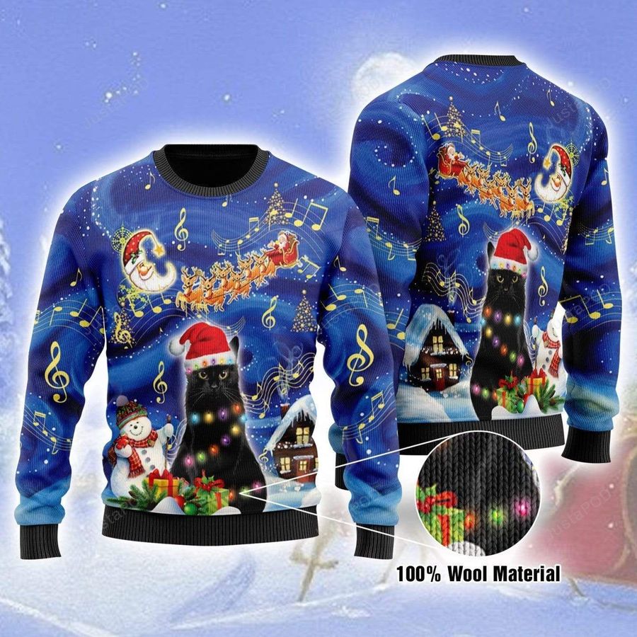 Black Cat On Christmas Night Ugly Christmas Sweater, All Over Print Sweatshirt, Ugly Sweater, Christmas Sweaters, Hoodie, Sweater