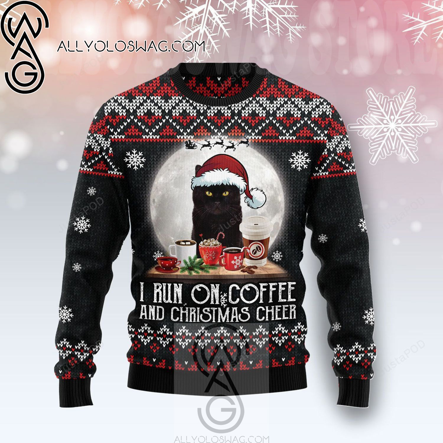Black Cat Run On Coffee Holiday Party Ugly Christmas Sweater