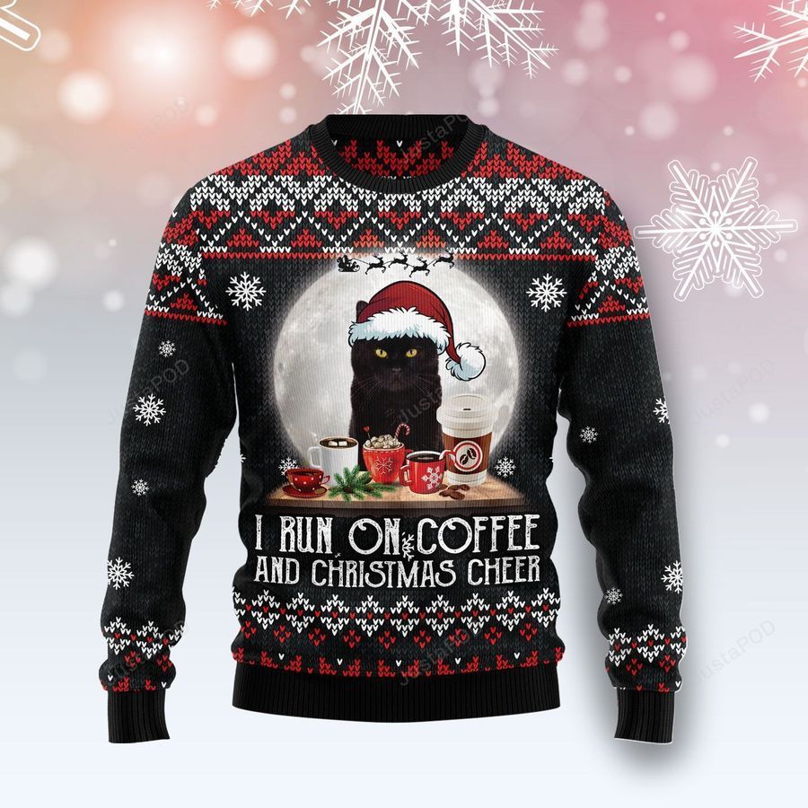 Black Cat Run On Coffee Ugly Christmas Sweater Ugly Sweater