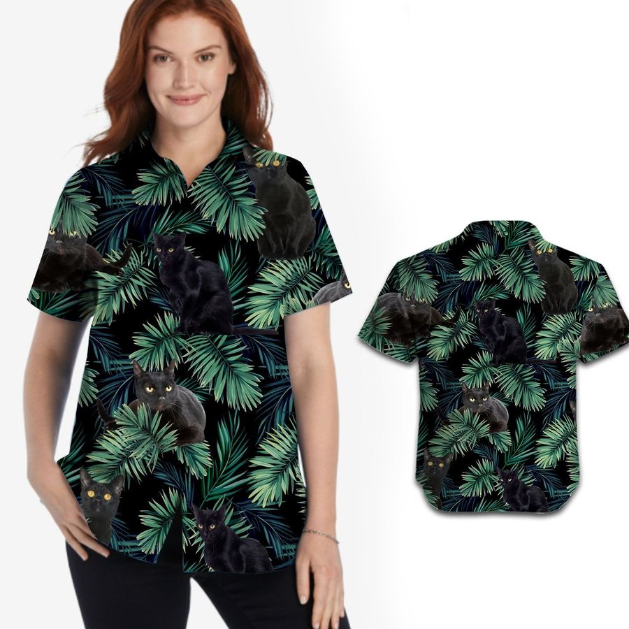Black Cats Tropical Palm Tree Leaves Women Hawaiian Shirt For Pet Lovers