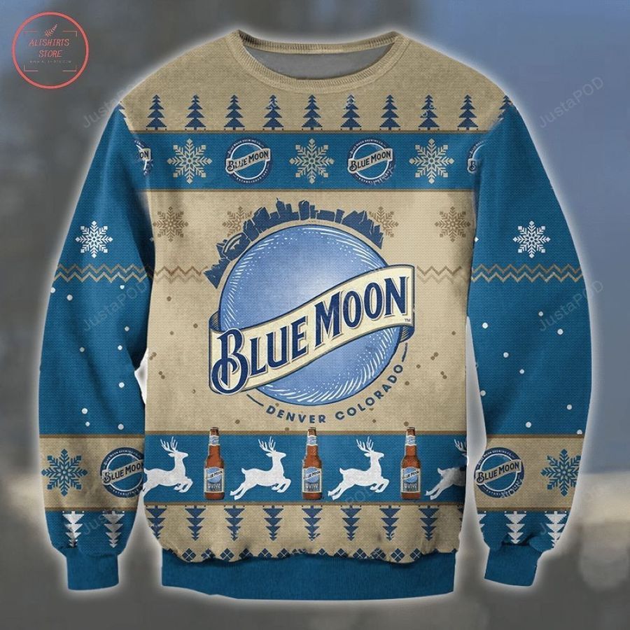 Blue Moon Belgian White Beer Ugly Christmas Sweater All Over