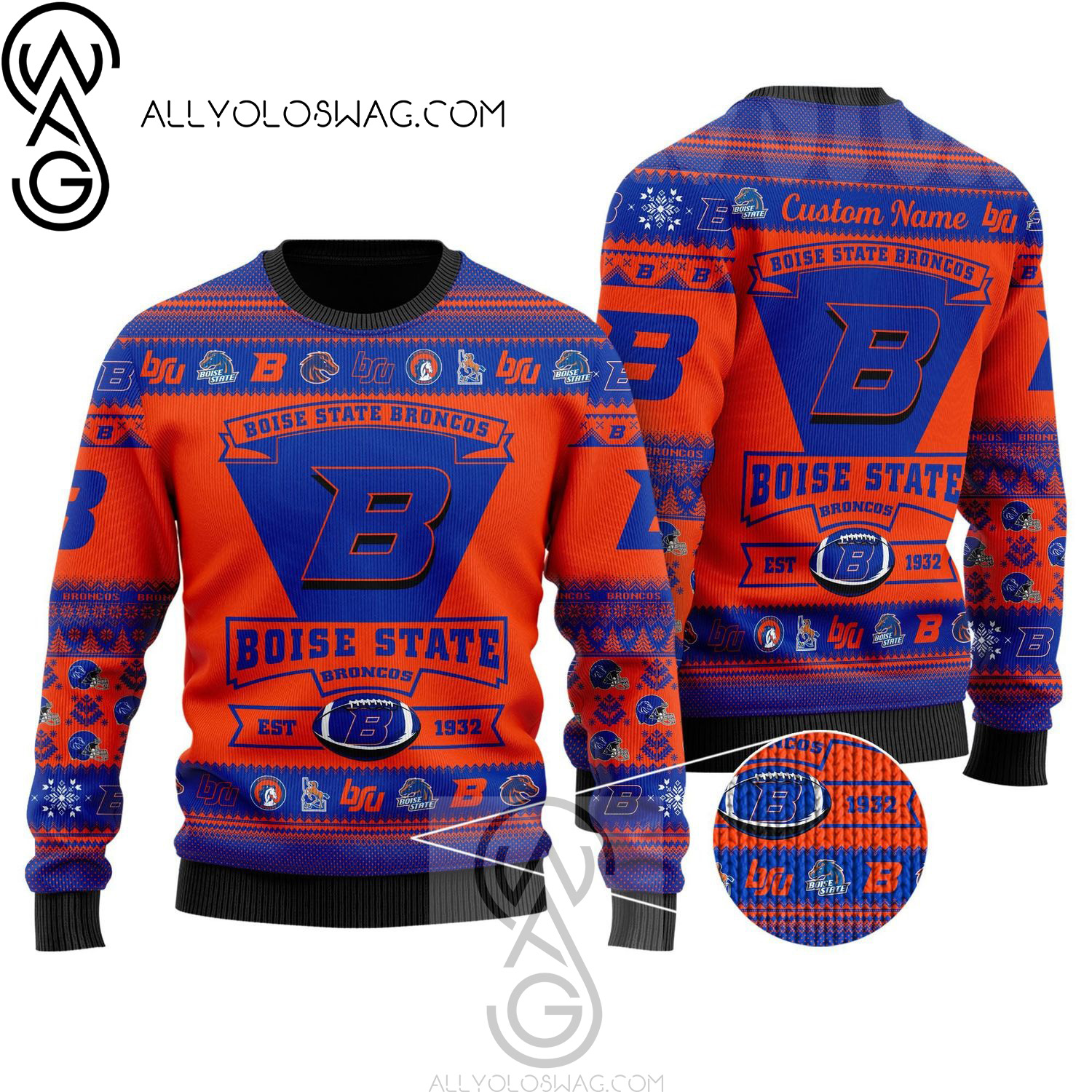 Boise State Broncos Football Team Logo Custom Name Holiday Party Ugly Christmas Sweater