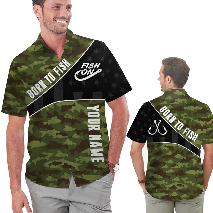 Born To Fish Fishing Camouflage American Flag Custom Name 3d Men Hawaiian Shirt For Fishermen