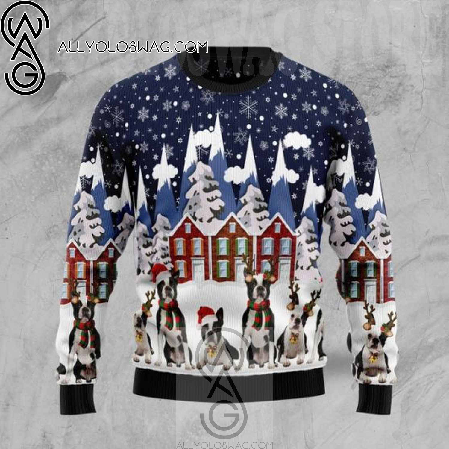 Boston Terrier Family Full Printing Ugly Christmas Sweater