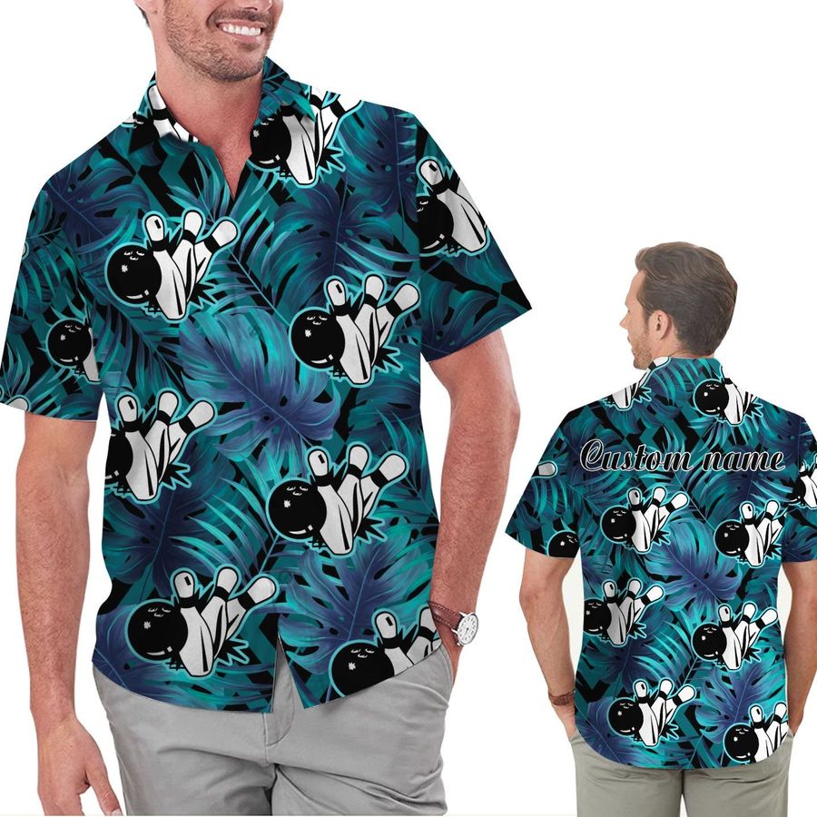 Bowling Aloha Floral Tropical Leaves Custom Name Personalized Gifts Men Button Up Hawaiian Shirt For Bowlers Sport Lover