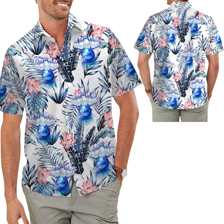 Bowling Hawaiian Aloha Tropical Lotus Floral Button Up Men Shirt For Bowlers And Sport Lovers On Beach Summer Vacation
