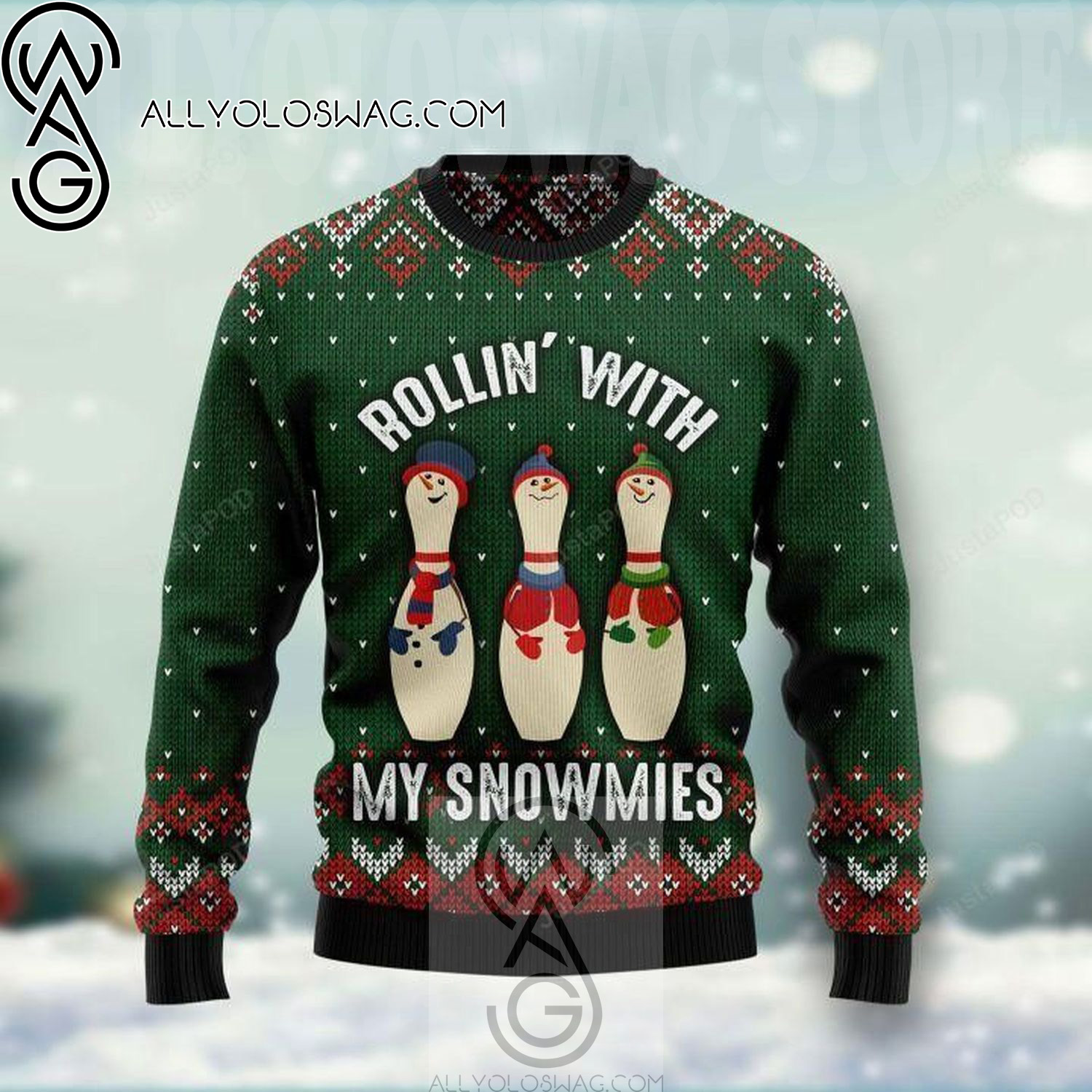 Bowling Rollin' With My Snowmies Holiday Party Ugly Christmas Sweater