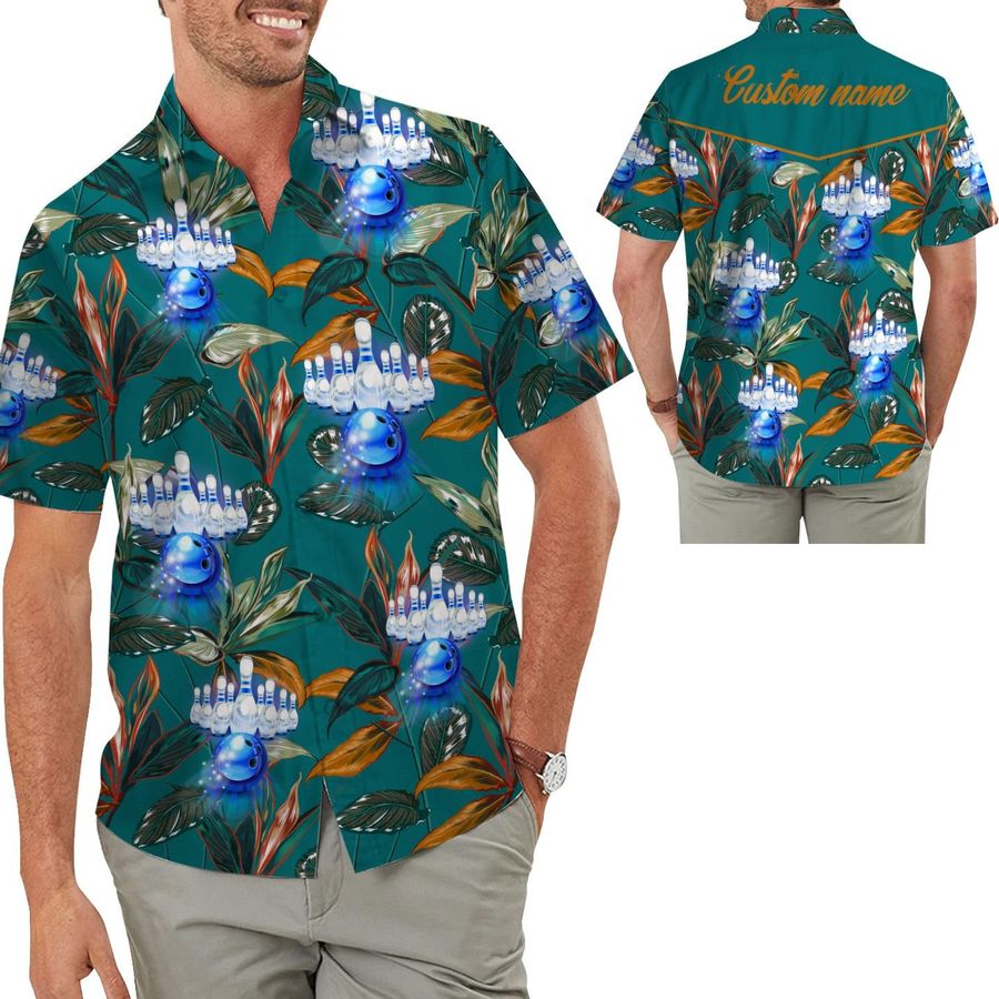Bowling Sporty Men Hawaiian Aloha Tropical Floral Custom Name Shirt For Bowlers On Summer Vacation