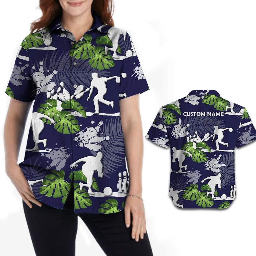 Bowling Tropical Floral Custom Name Personalized Gift Women Button Up Hawaiian Shirt For Bowlers Sport Lovers On The Beach Summer