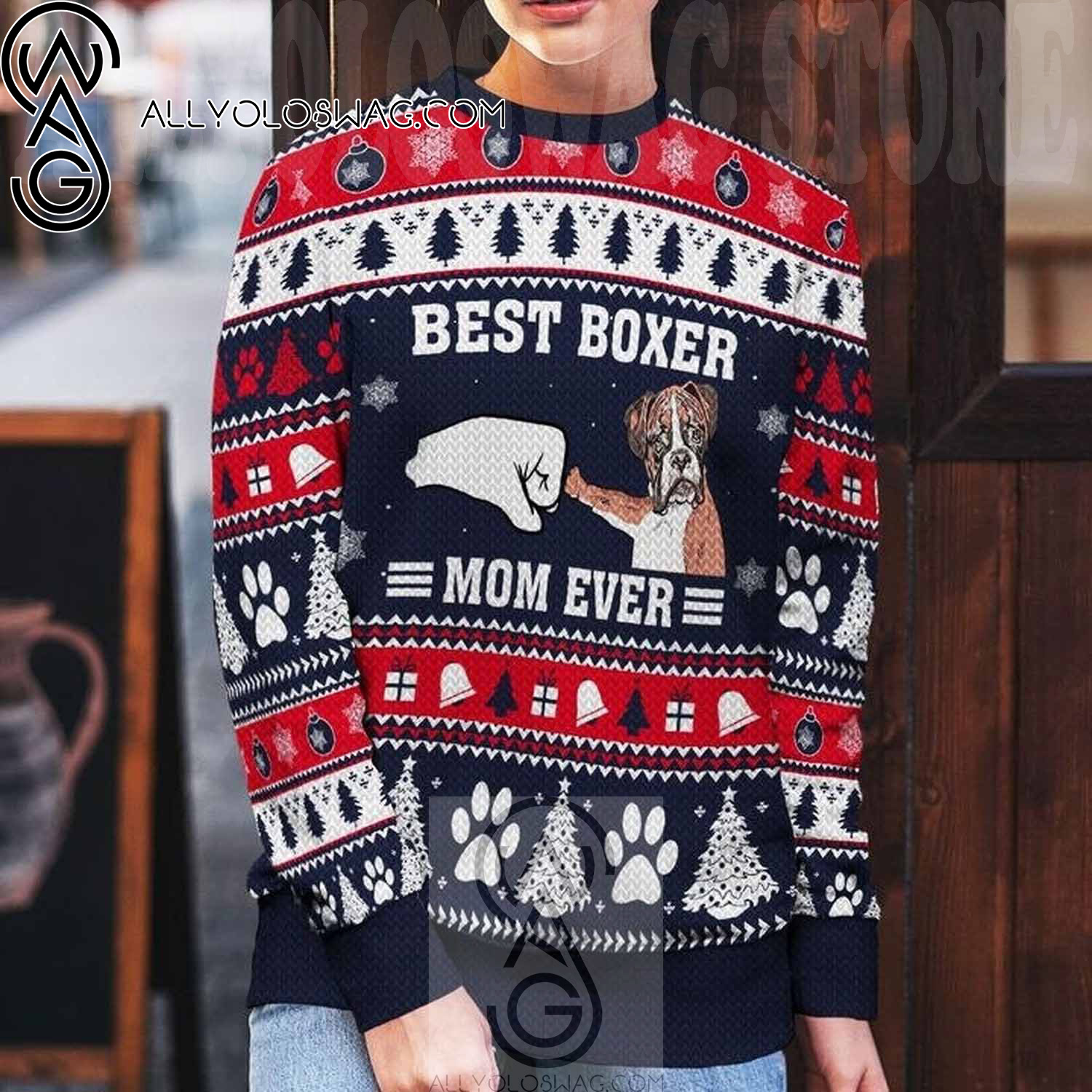 Boxer Dog Mom Ever Full Printing Ugly Christmas Sweater